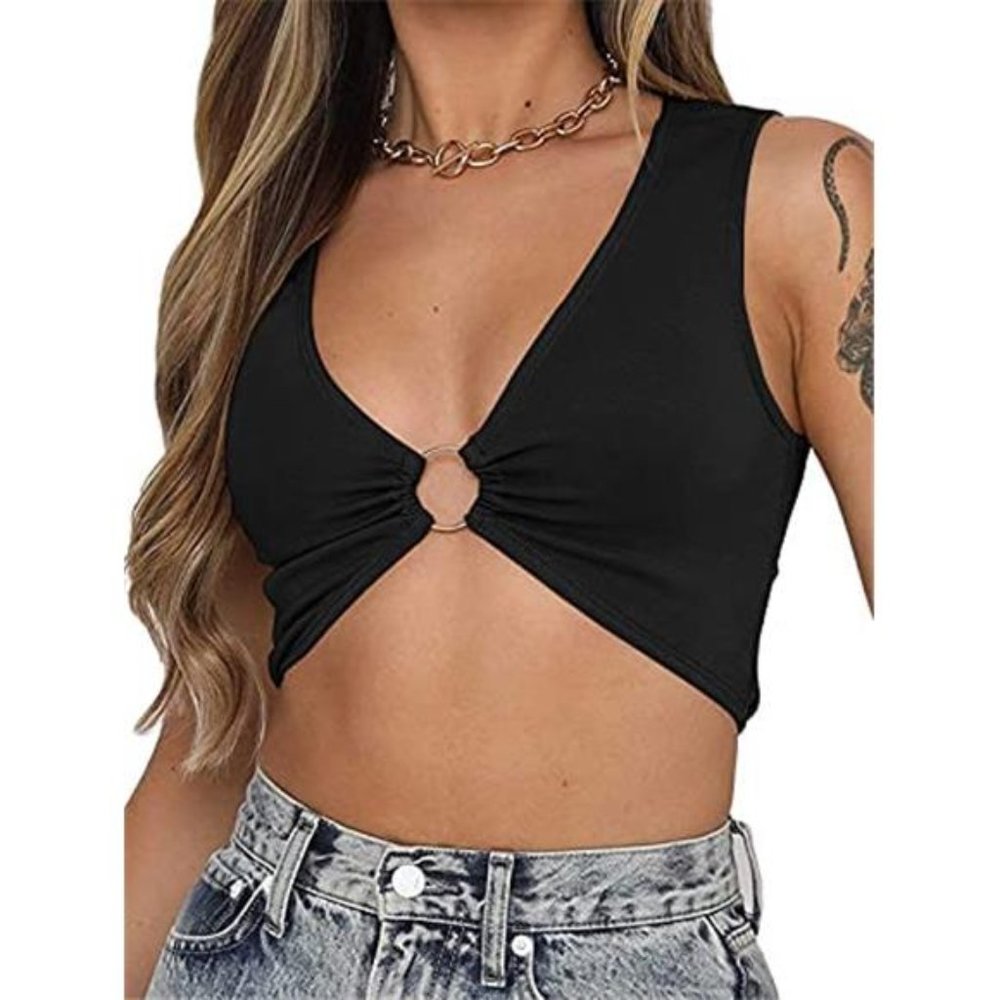 HOT Neckline Underboob Corset Y2k Cropped Tank Top, Black